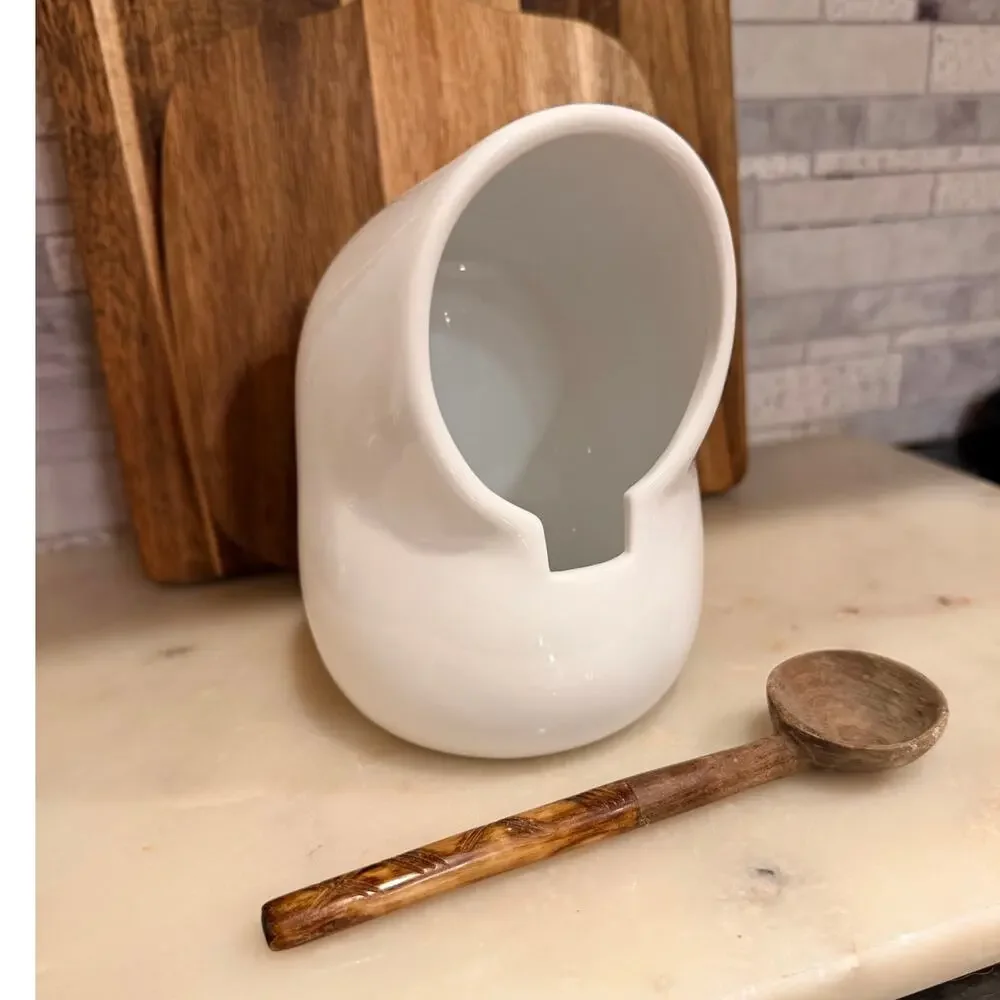 Crate & Barrel White Porcelain Salt Pig Cellar Jar with Wooden Spoon